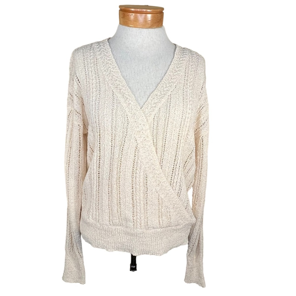 ASTR The Label Cream Colored Faux Wrap Stretchy Knit Semi-Sheer Sweater Med EUC
